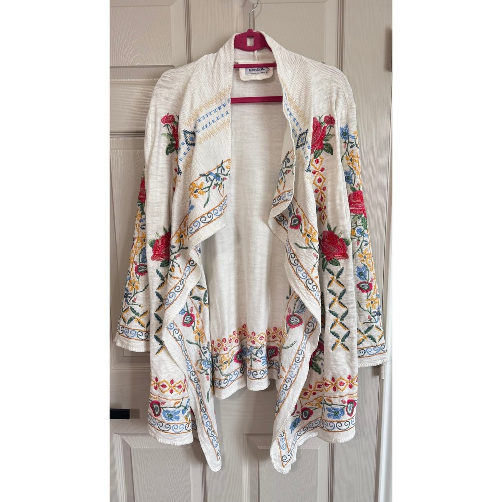 Embroidered Cardigan Womens 1X Cream Floral Draped Open Front Pockets Sweater